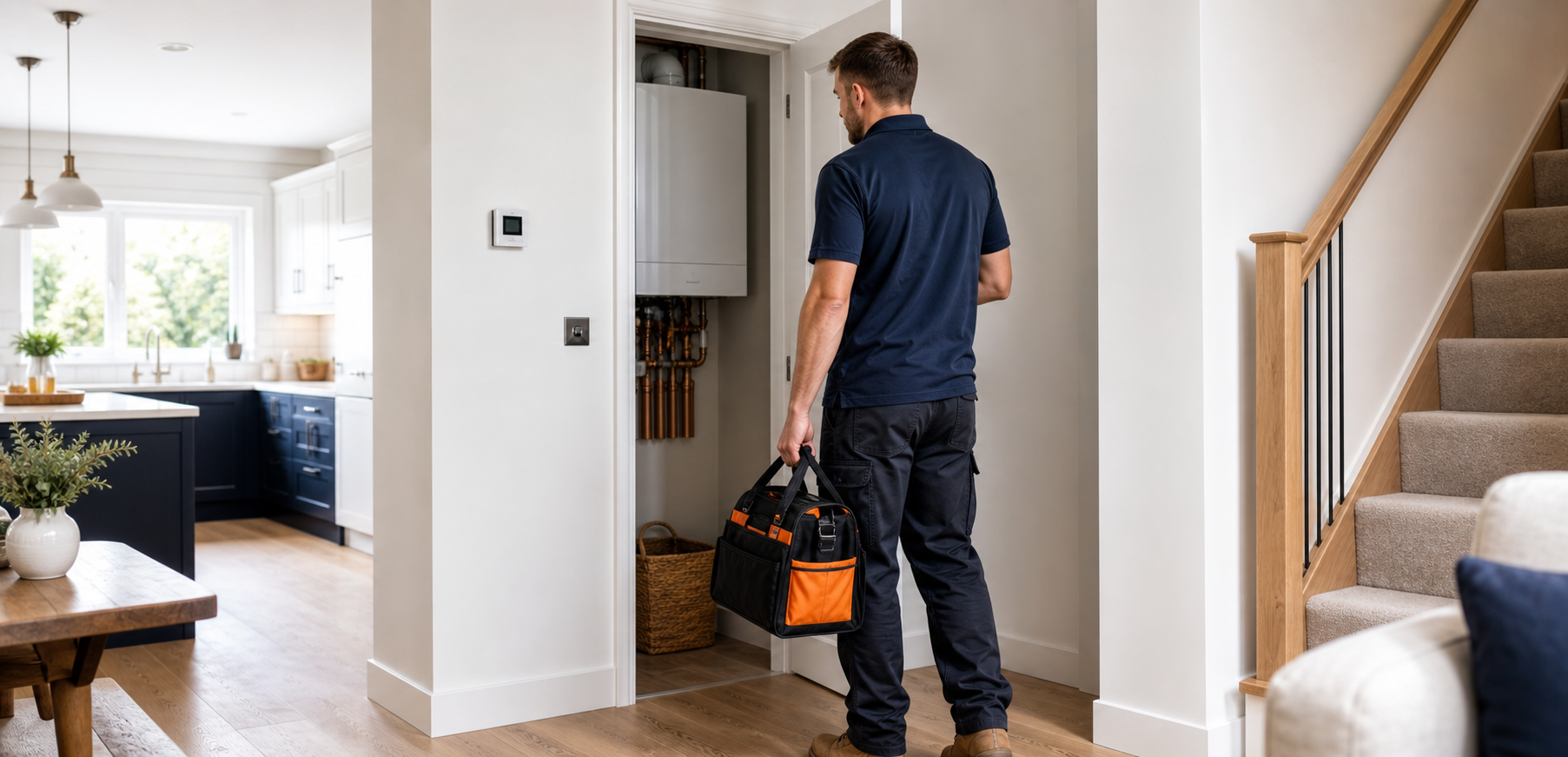 Maintenance technician inspecting equipment in a modern home